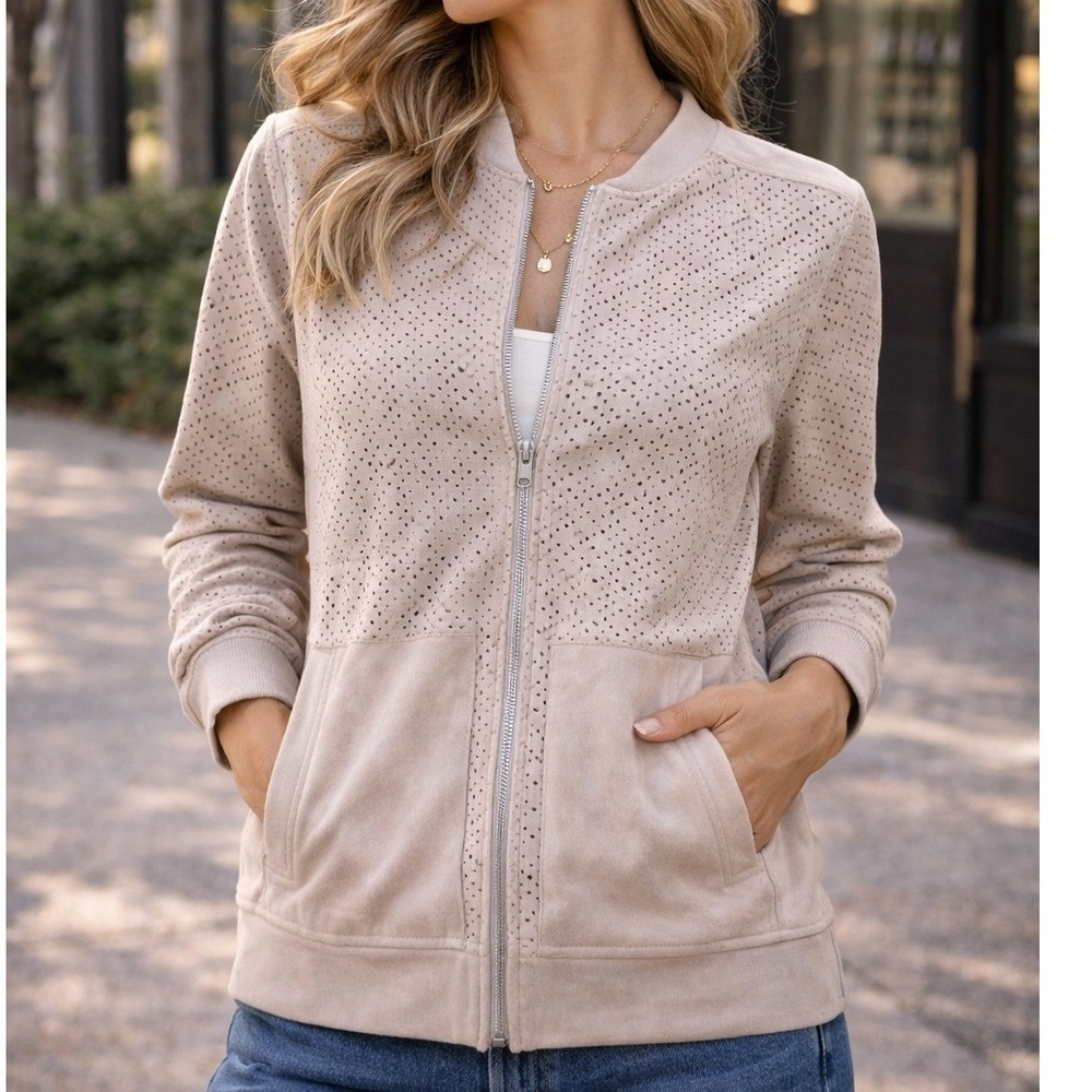 Bob Timberlake Beige Laser Cut Faux Suede Zip Up Jacket Womens Size‎ S
